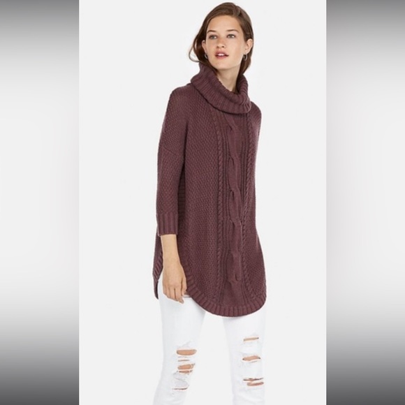 Express Cable Knit Turtleneck Rounded Hem Tunic Sweater S - Picture 2 of 5